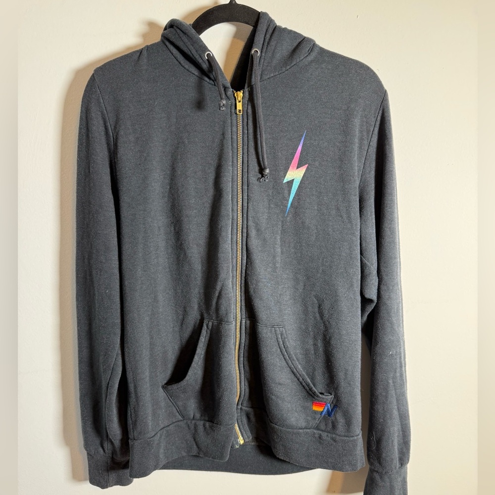 Aviator Nation Charcoal Zip‎ Hoodie Rainbow Lightning Bolt Made USA Medium